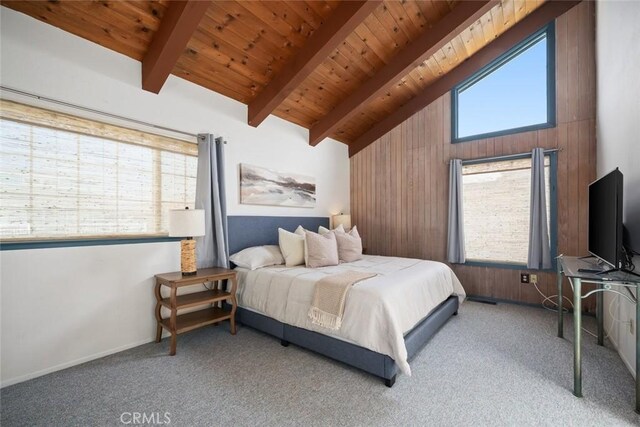 1565 Strand Way, Oceano, CA 93445 - carpeted bedroom featuring a wood ceiling with exposed beams, wood walls, and high vaulted ceiling