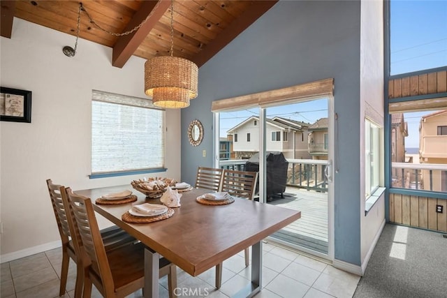 1565 Strand Way, Oceano, CA 93445 - dining space featuring high vaulted ceiling, a chandelier, a wooden ceiling with exposed beams, and tile patterned flooring