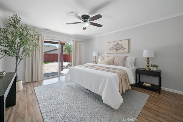 2636 Vineyard Cir, Paso Robles, CA 93446 - bedroom with access to exterior, ornamental molding, wood finished floors, and ceiling fan