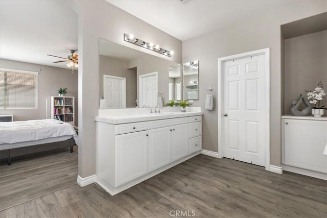 420 Deodar St, Redlands, CA 92374 - ensuite bathroom featuring a ceiling fan, wood finished floors, and vanity