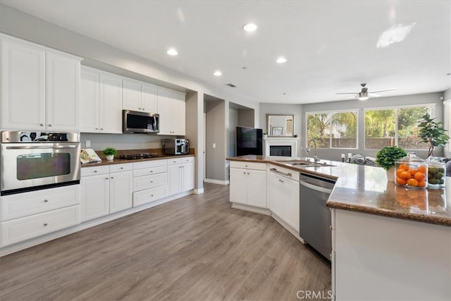 420 Deodar St, Redlands, CA 92374 - kitchen with stainless steel appliances, recessed lighting, white cabinetry, a fireplace, and light wood-type flooring