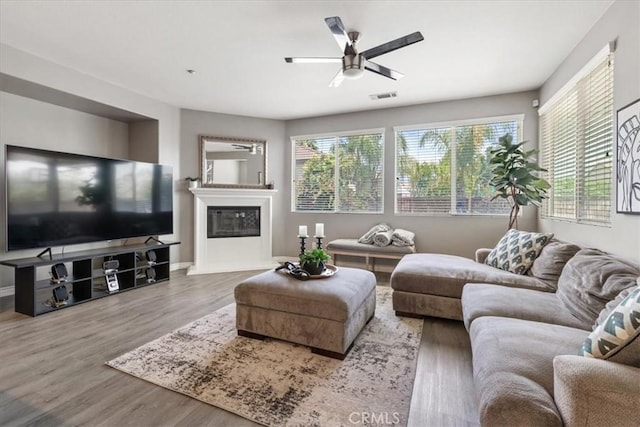 420 Deodar St, Redlands, CA 92374 - living room featuring wood finished floors, a glass covered fireplace, and a ceiling fan