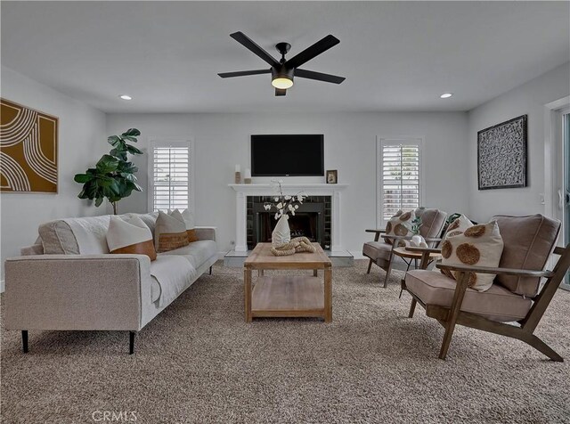 2867 Turnbull St, Oceanside, CA 92054 - carpeted living room with ceiling fan, a tile fireplace, and recessed lighting