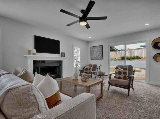 2867 Turnbull St, Oceanside, CA 92054 - living area with a ceiling fan, carpet floors, recessed lighting, and a fireplace