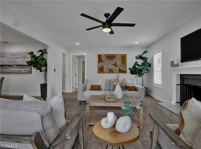 2867 Turnbull St, Oceanside, CA 92054 - carpeted living room with ceiling fan, recessed lighting, and a tiled fireplace
