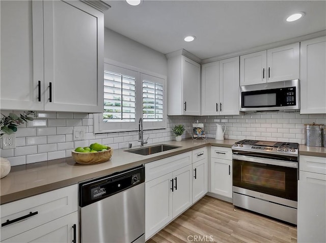 2867 Turnbull St, Oceanside, CA 92054 - kitchen featuring stainless steel appliances, white cabinetry, tasteful backsplash, and recessed lighting