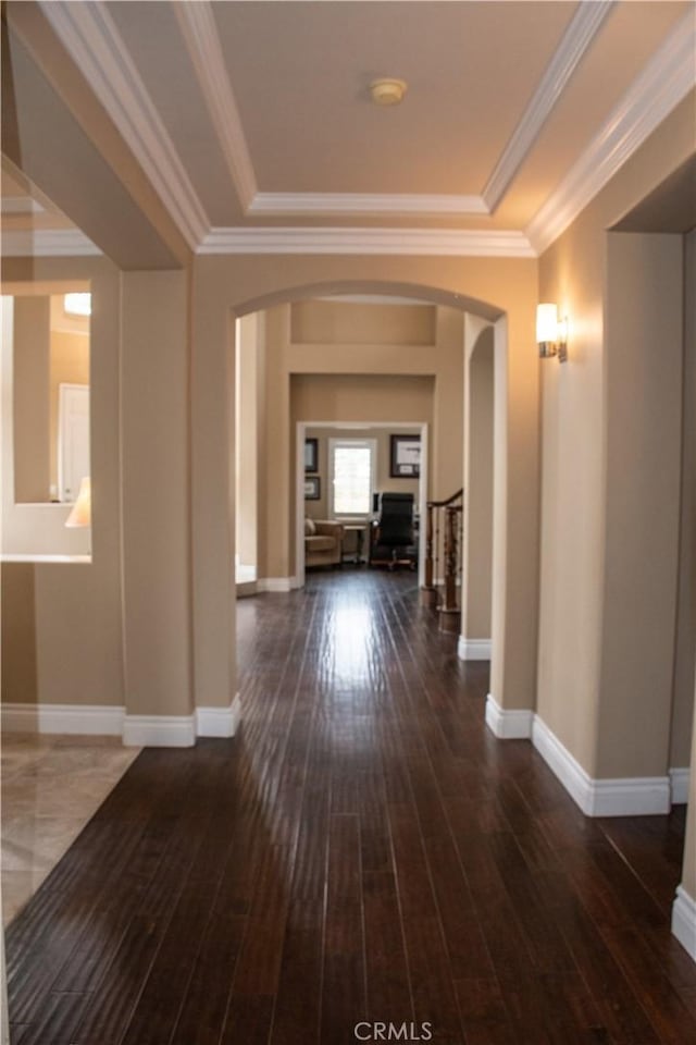 1671 Fairway Dr, Corona, CA 92883 - hall with arched walkways, hardwood / wood-style flooring, and crown molding