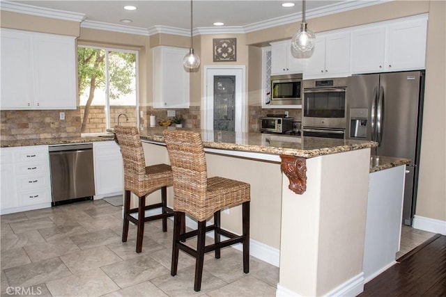 1671 Fairway Dr, Corona, CA 92883 - kitchen featuring appliances with stainless steel finishes, stone countertops, recessed lighting, white cabinets, and tasteful backsplash