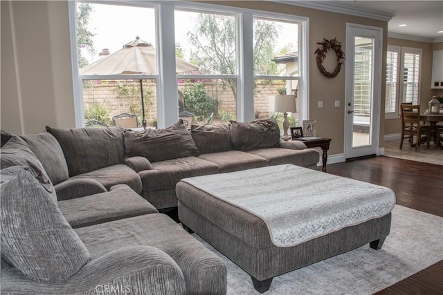 1671 Fairway Dr, Corona, CA 92883 - living room featuring ornamental molding, dark wood-type flooring, and recessed lighting
