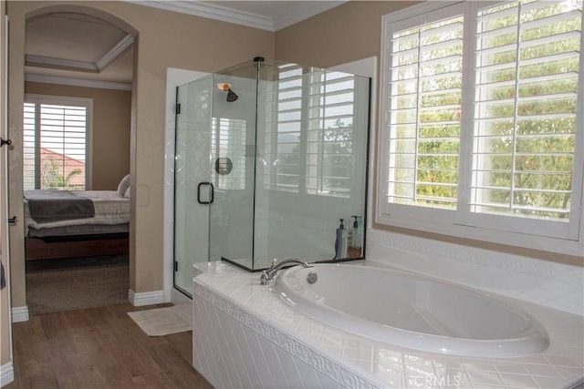 1671 Fairway Dr, Corona, CA 92883 - ensuite bathroom featuring a bath, a stall shower, crown molding, and wood finished floors