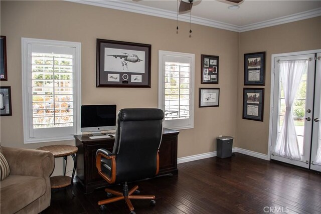 1671 Fairway Dr, Corona, CA 92883 - office area with ceiling fan, dark wood-style flooring, and crown molding
