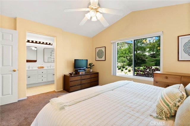 8 Chatri Cir, Lake Forest, CA 92610 - bedroom featuring carpet flooring, vaulted ceiling, ensuite bathroom, and a ceiling fan