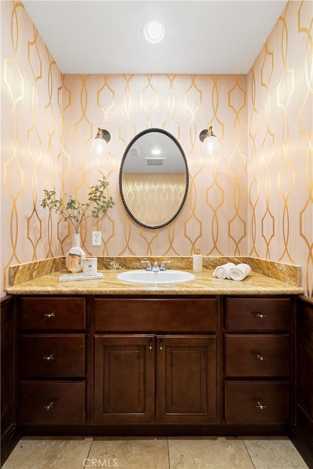 9767 Blantyre Dr, Beverly Hills, CA 90210 - bathroom featuring wallpapered walls, vanity, and tile patterned floors