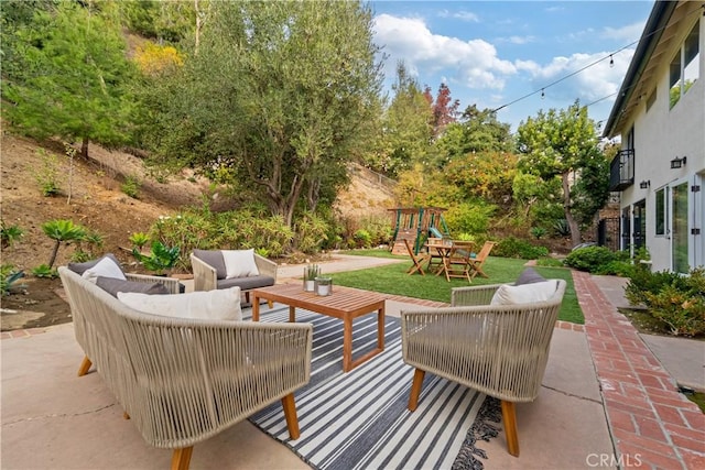 9767 Blantyre Dr, Beverly Hills, CA 90210 - view of patio / terrace with outdoor lounge area and a playground