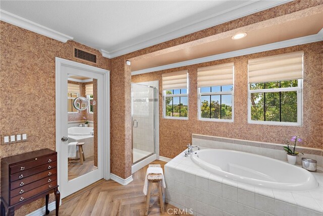 14 Downing St, Ladera Ranch, CA 92694 - bathroom with a garden tub, a stall shower, and ornamental molding
