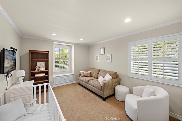 14 Downing St, Ladera Ranch, CA 92694 - carpeted living room featuring ornamental molding and recessed lighting
