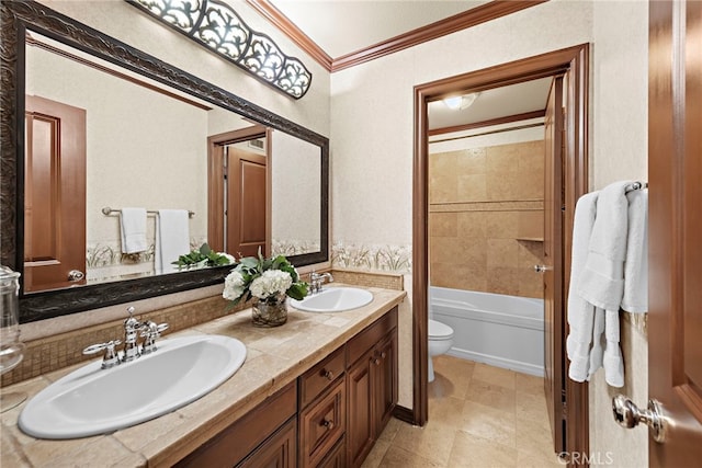 14 Downing St, Ladera Ranch, CA 92694 - bathroom featuring crown molding, double vanity, and shower / tub combination