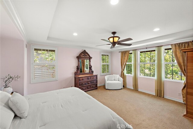14 Downing St, Ladera Ranch, CA 92694 - bedroom featuring recessed lighting, light carpet, a tray ceiling, multiple windows, and a ceiling fan