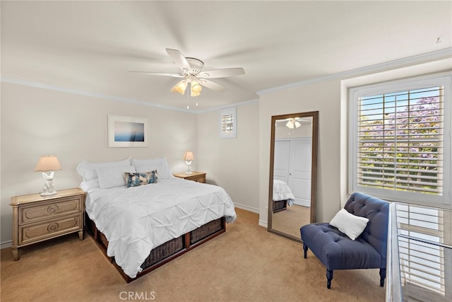 14 Downing St, Ladera Ranch, CA 92694 - bedroom with light carpet, ornamental molding, and a ceiling fan