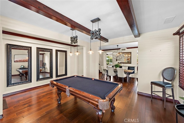 14 Downing St, Ladera Ranch, CA 92694 - rec room with beamed ceiling, a chandelier, billiards, and wood finished floors