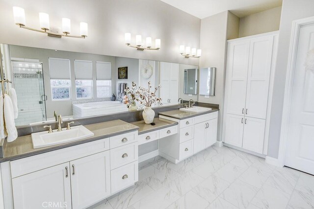 916 Trail View Pl, Nipomo, CA 93444 - bathroom with vanity, a shower stall, marble finish flooring, and a bath