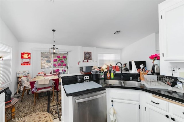13035 Troy Ct, Victorville, CA 92395 - kitchen with dishwasher, a peninsula, white cabinets, dark countertops, and hanging light fixtures