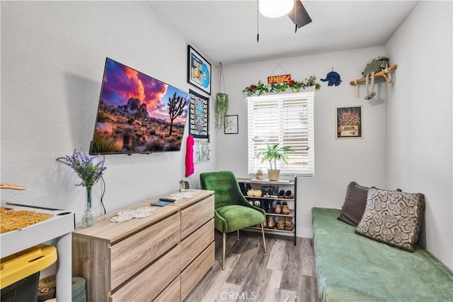 56565 Antelope Trl, Yucca Valley, CA 92284 - living area with wood finished floors and a ceiling fan