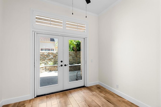 3647 Paseo Vista Famosa, Rancho Santa Fe, CA 92091 - doorway to outside featuring crown molding, light wood-type flooring, french doors, and ceiling fan
