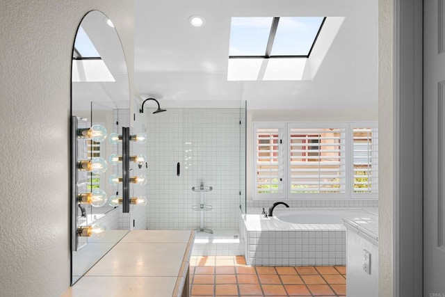 3647 Paseo Vista Famosa, Rancho Santa Fe, CA 92091 - full bathroom with tile patterned floors, a skylight, a garden tub, tiled shower, and recessed lighting