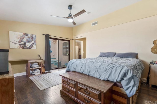 26267 Bellemore Dr, Ramona, CA 92065 - bedroom featuring access to exterior, dark wood-style floors, and a ceiling fan