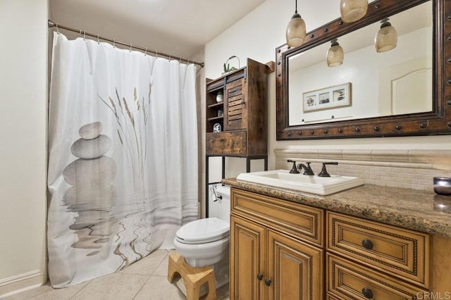 26267 Bellemore Dr, Ramona, CA 92065 - bathroom with vanity, tile patterned floors, decorative backsplash, and a shower with shower curtain