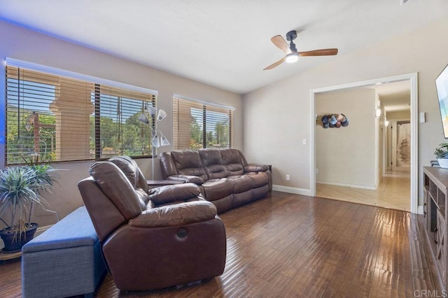 26267 Bellemore Dr, Ramona, CA 92065 - living area with a ceiling fan, wood-type flooring, and lofted ceiling