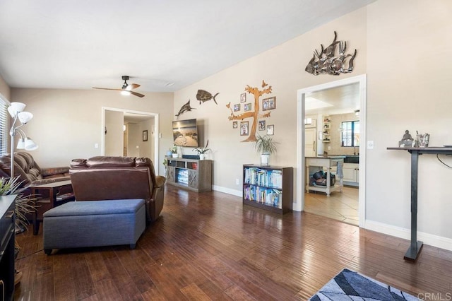 26267 Bellemore Dr, Ramona, CA 92065 - living room with wood-type flooring, ceiling fan, and a fireplace