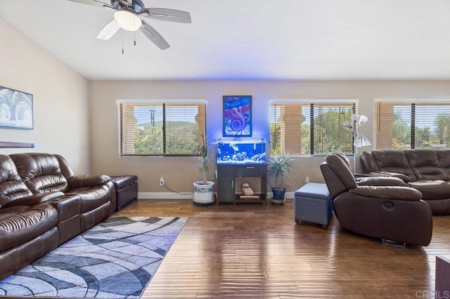26267 Bellemore Dr, Ramona, CA 92065 - living room featuring healthy amount of natural light, wood finished floors, and a ceiling fan
