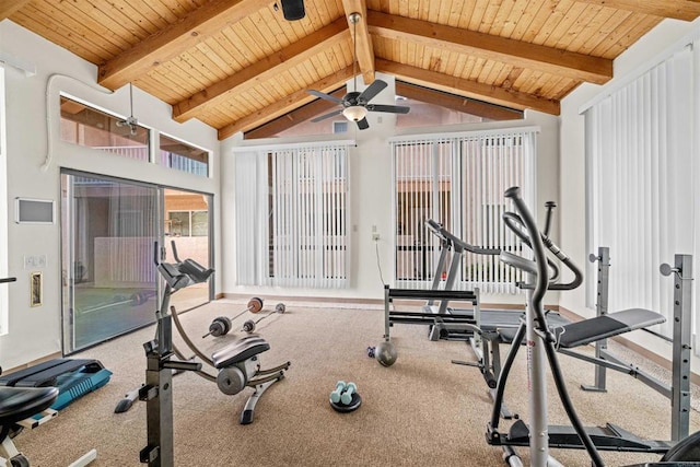 31916 Del Cielo Este Unit 38, Bonsall, CA 92003 - exercise room with wood ceiling, ceiling fan, vaulted ceiling, and carpet