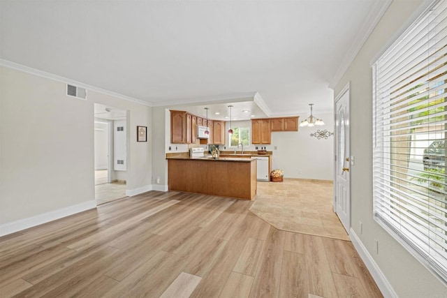 31916 Del Cielo Este Unit 38, Bonsall, CA 92003 - unfurnished living room featuring crown molding, a chandelier, and light wood-type flooring