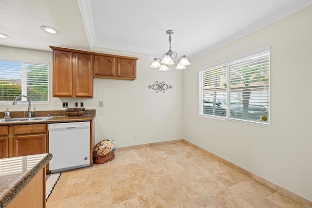 31916 Del Cielo Este Unit 38, Bonsall, CA 92003 - kitchen with dishwasher, ornamental molding, a chandelier, brown cabinetry, and decorative light fixtures