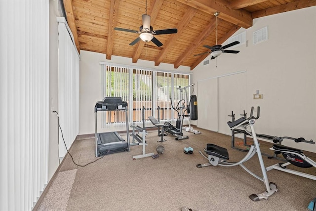 31916 Del Cielo Este Unit 38, Bonsall, CA 92003 - workout area with a ceiling fan, wooden ceiling, carpet flooring, and high vaulted ceiling