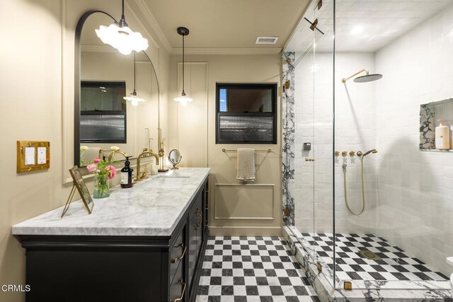 705 Alomar St, Ojai, CA 93023 - full bath featuring a stall shower, vanity, and crown molding