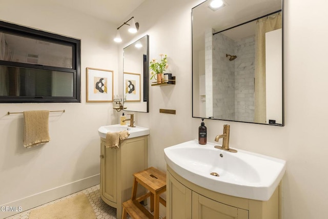 705 Alomar St, Ojai, CA 93023 - bathroom with two vanities, tile patterned floors, and a shower with shower curtain