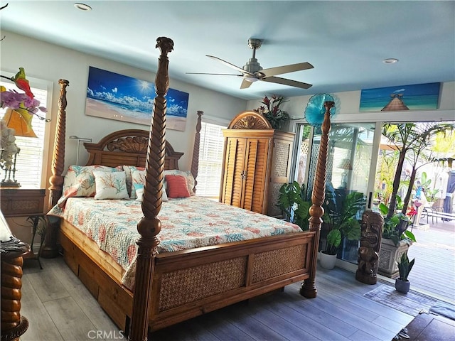 2774 Sawtelle Blvd, Los Angeles, CA 90064 - bedroom with hardwood / wood-style floors, access to exterior, recessed lighting, and a ceiling fan