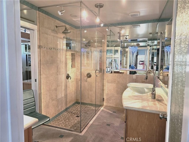 2774 Sawtelle Blvd, Los Angeles, CA 90064 - bathroom with vanity, tile patterned flooring, and a shower stall