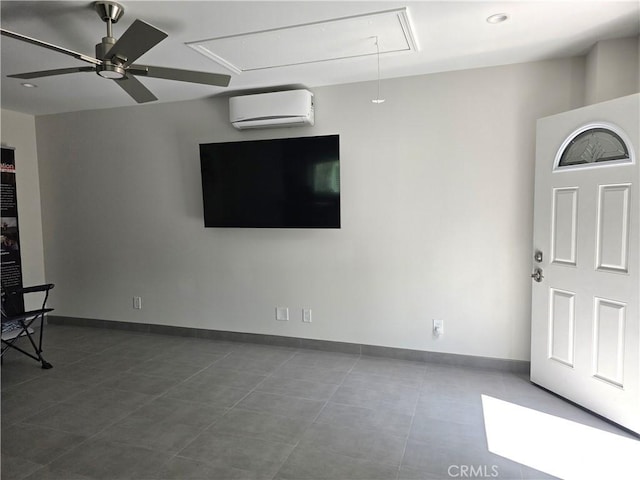 2774 Sawtelle Blvd, Los Angeles, CA 90064 - unfurnished living room with attic access, an AC wall unit, a ceiling fan, and dark tile patterned flooring