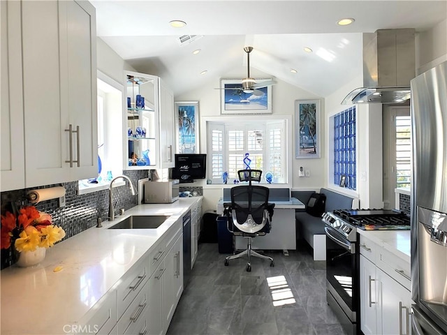 2774 Sawtelle Blvd, Los Angeles, CA 90064 - kitchen with appliances with stainless steel finishes, island range hood, healthy amount of natural light, a desk, and vaulted ceiling