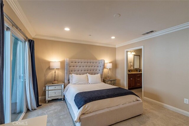 7019 Passons Blvd, Pico Rivera, CA 90660 - bedroom featuring light colored carpet, ornamental molding, connected bathroom, and recessed lighting
