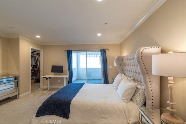 7019 Passons Blvd, Pico Rivera, CA 90660 - bedroom featuring access to exterior, light carpet, recessed lighting, a spacious closet, and crown molding