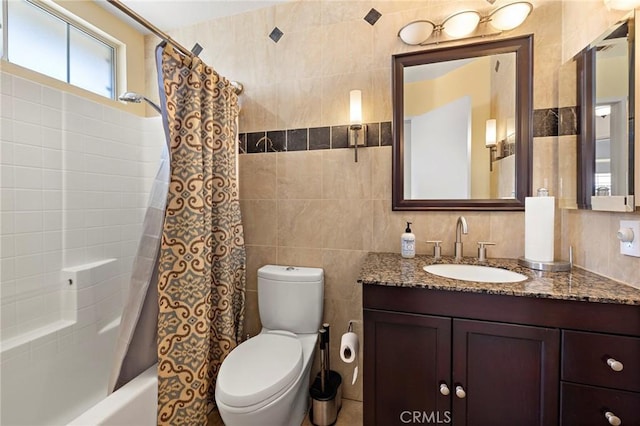 33087 Corte Ganso, Temecula, CA 92592 - bathroom featuring tile walls, shower / bathtub combination with curtain, and vanity