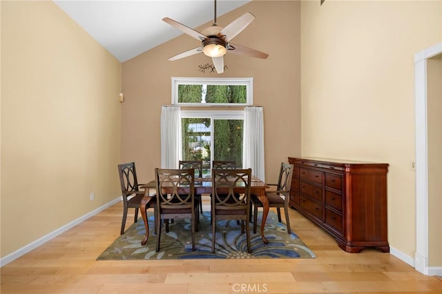 33087 Corte Ganso, Temecula, CA 92592 - dining space with ceiling fan, light wood-type flooring, and high vaulted ceiling