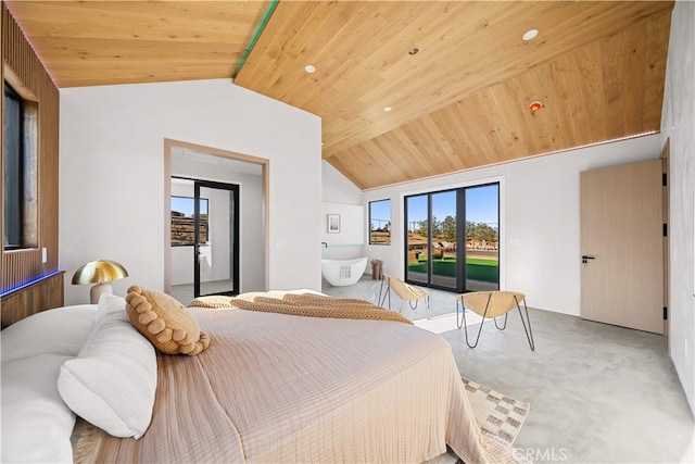 62290 Crestview Dr, Joshua Tree, CA 92252 - bedroom featuring lofted ceiling, access to exterior, wooden ceiling, and multiple windows