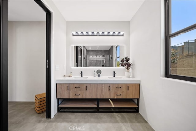62290 Crestview Dr, Joshua Tree, CA 92252 - full bath with double vanity, finished concrete floors, and an enclosed shower